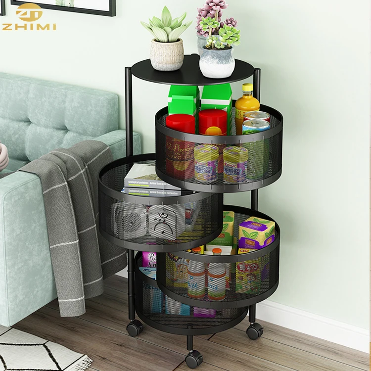 Carbon Steel 5 Tiers Kitchen Shelf  Movable Round Kitchen Trolley Cart Storage Vegetable Fruit Basket Rack