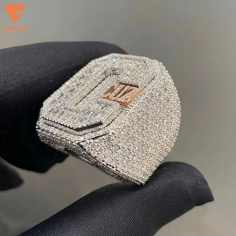 Lifeng Jewelry Custom Baguette Cut Two Tone Moissanite Ring Iced Out Solid Silver Diamond Letter Luxury Men Hiphop