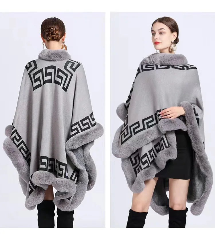 2024 New Design Winter Women Jacquard Wraps Stole knitted Oversized Faux Fur Collar Poncho Cape Shawl