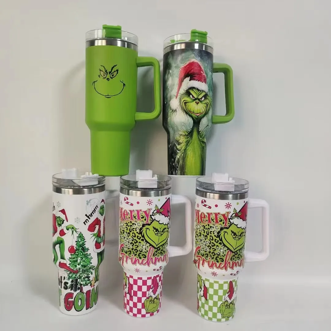 Popular Christmas Stainless Steel Tumbler Green Grinch 40OZ Tumbler Customized Tumbler With Handle and Straw