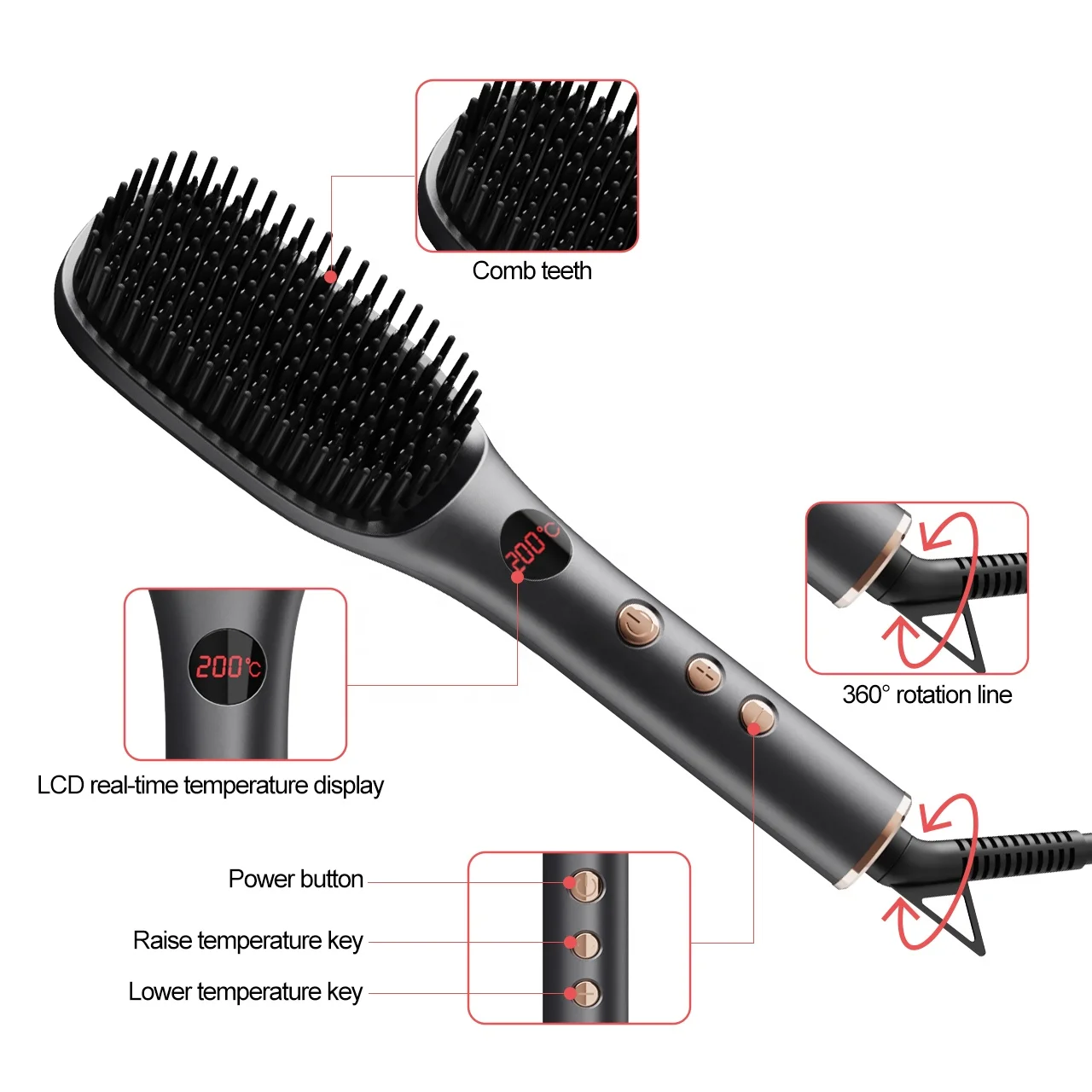 OEM Electric Negative Ion Electric Hair Straightening Brush 2 in 1 Hair Iron Brush LCD Display Ceramic Hair Straightener Comb