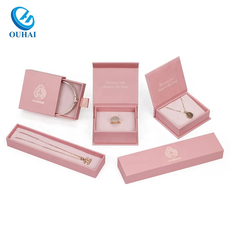 Jeweller Paper Package Luxury Pink Cardboard Earring Bracelet Necklace Ring Drawer Box Jewelry Custom Packaging Box with Logo