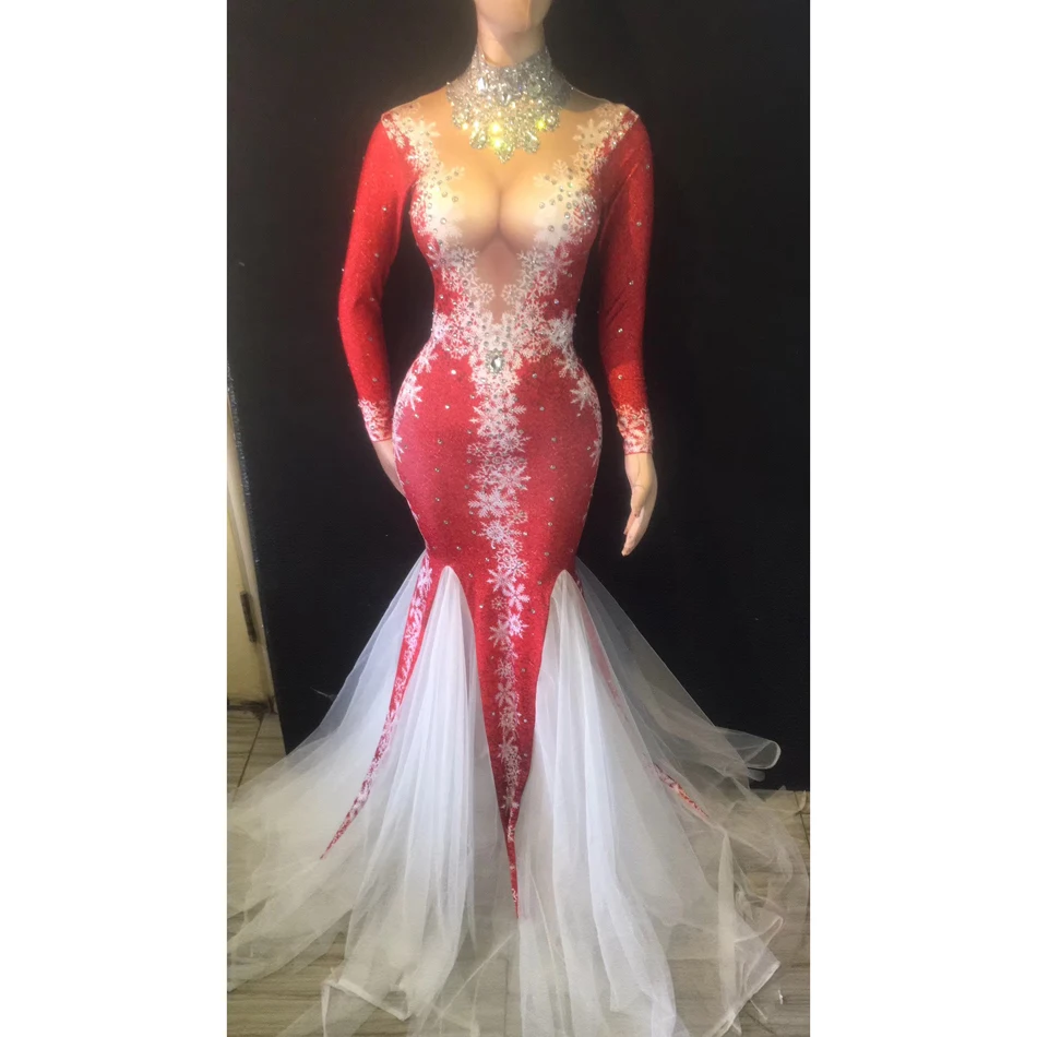 Christmas dress Rhinestones Body con Evening Party Dress Birthday Celebrate Costume Show Performance Dress