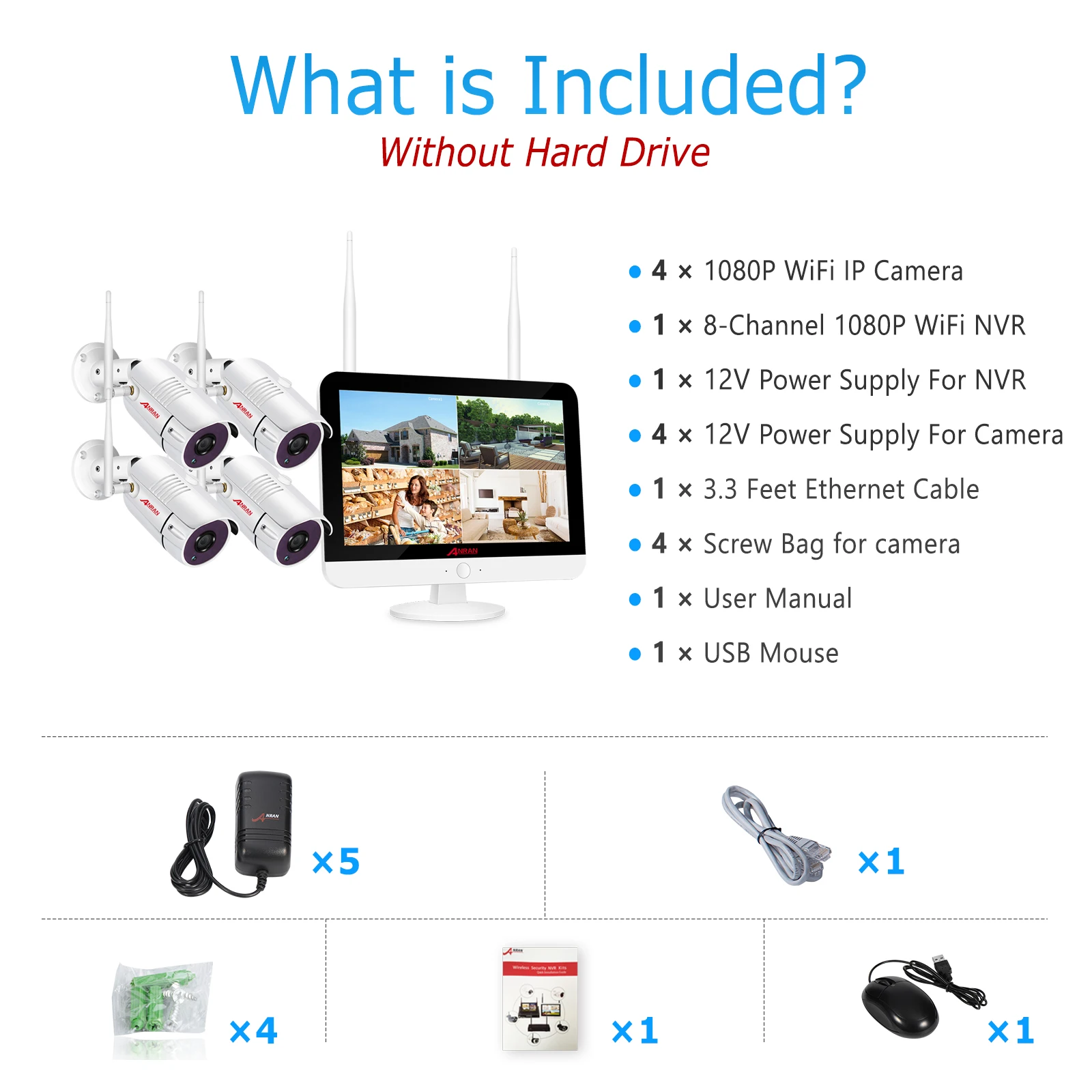 ANRAN 2MP/3MP wifi long range wireless CCTV security camera system with 12.5inch LCD screen Monitor 1080P 4CH wireless NVR kit