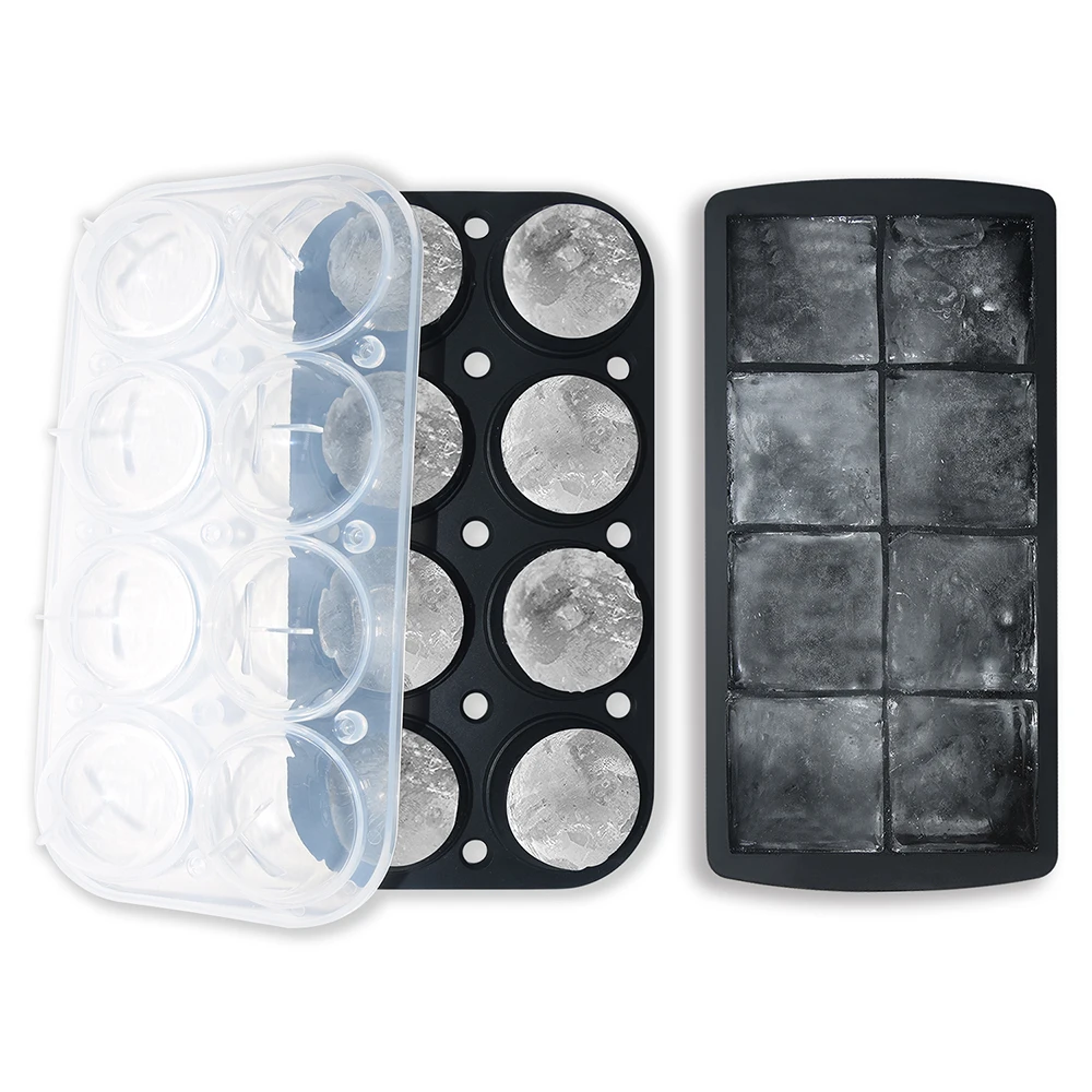 Wholesale 2 Pack BPA free Silicone 8 Cavities Ice Ball Maker and Square Moulds Sphere Ice Cube Tray Mold Set