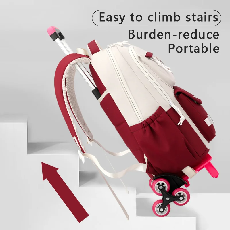 2024 new cute kids school bag for girls primary middle school trolley bag student rolling backpack big wheels detachable bookbag