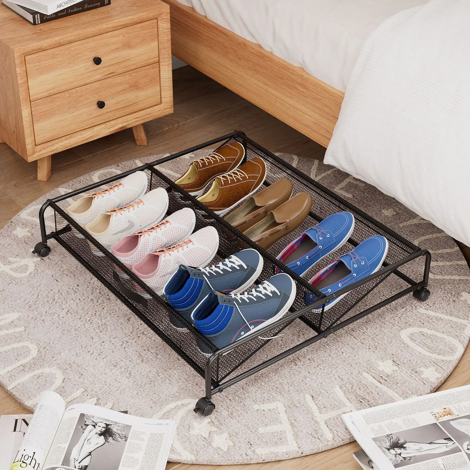 simple removable metal shoes rack household under bed shoes organizer rack with wheels Carbon steel mesh cloth shoes organizer