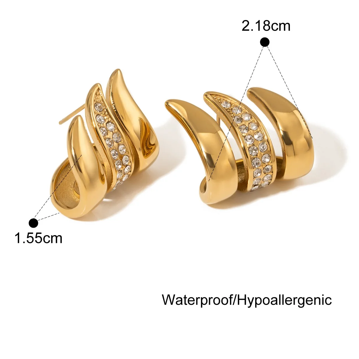 Hypoallergenic 18k PVD Gold Plated Stainless Steel Feather Shape Rhinestone Earrings Women Three-Layer Stone Ring Jewelry Set