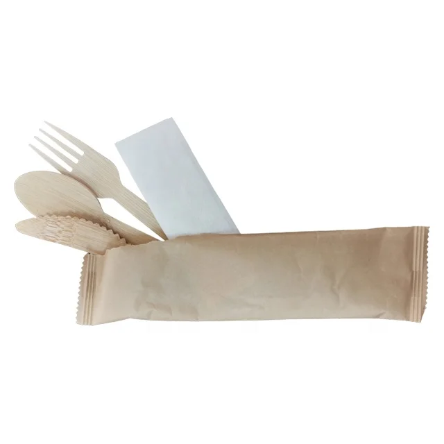 High Quality Kraft Paper Wrap Disposable Spoon Fork Knife Bamboo Set Cutlery