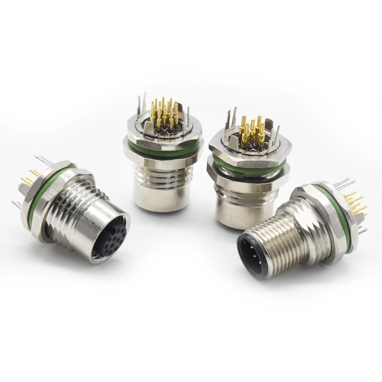 Front Fastened Dip Solder Electronic Connector M12 A Code Panel Mount Male Female M12 5 Pin 8 Pin Connector With Shielding Sheet