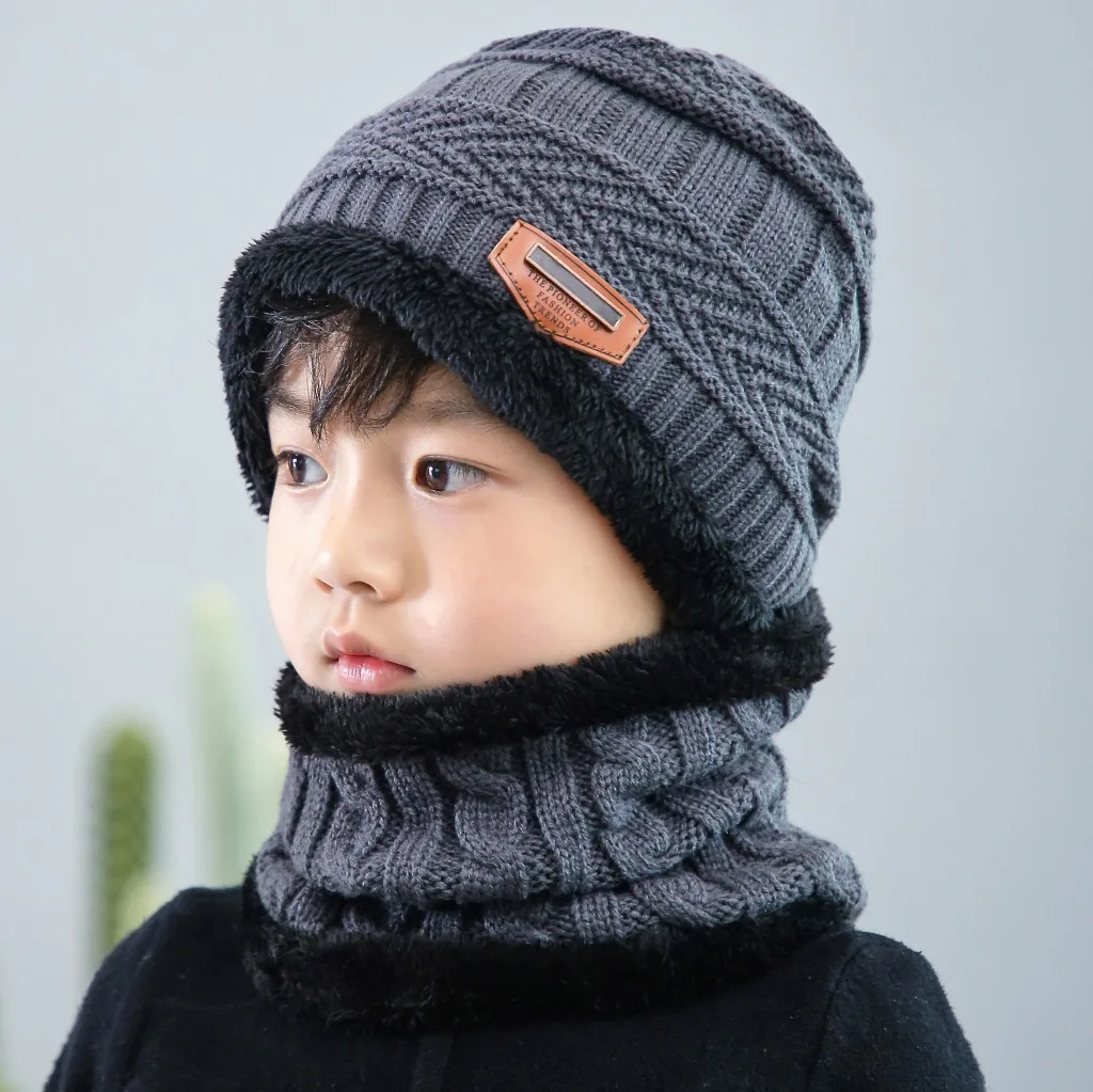 Wholesale autumn winter kids children fleece set knitted hat bib neck two-piece winter ear protection parent-child woolen hat