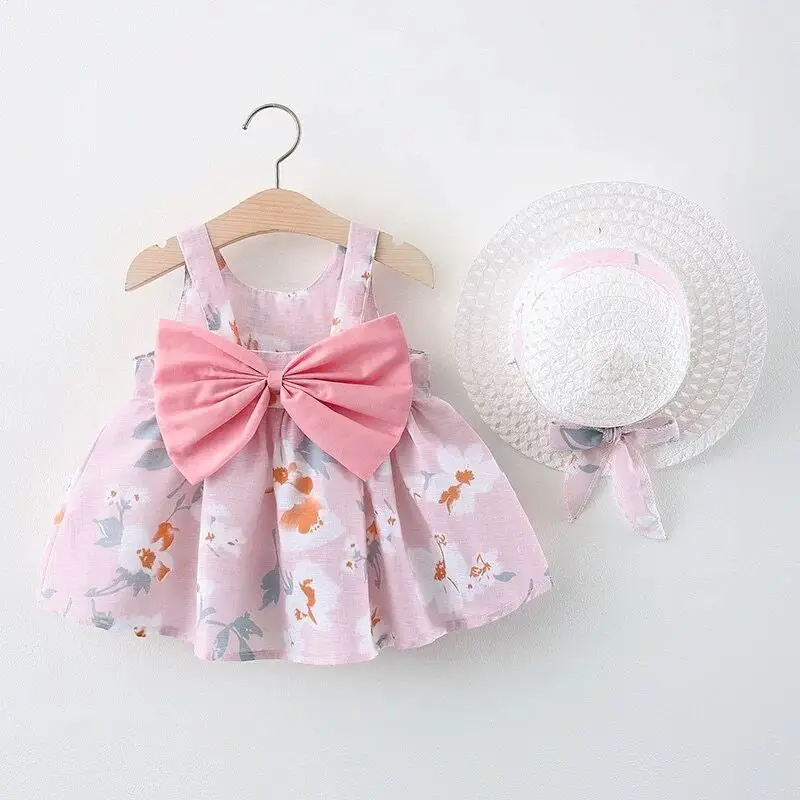 kids clothing bow knot girl dress summer baby dresses with hat