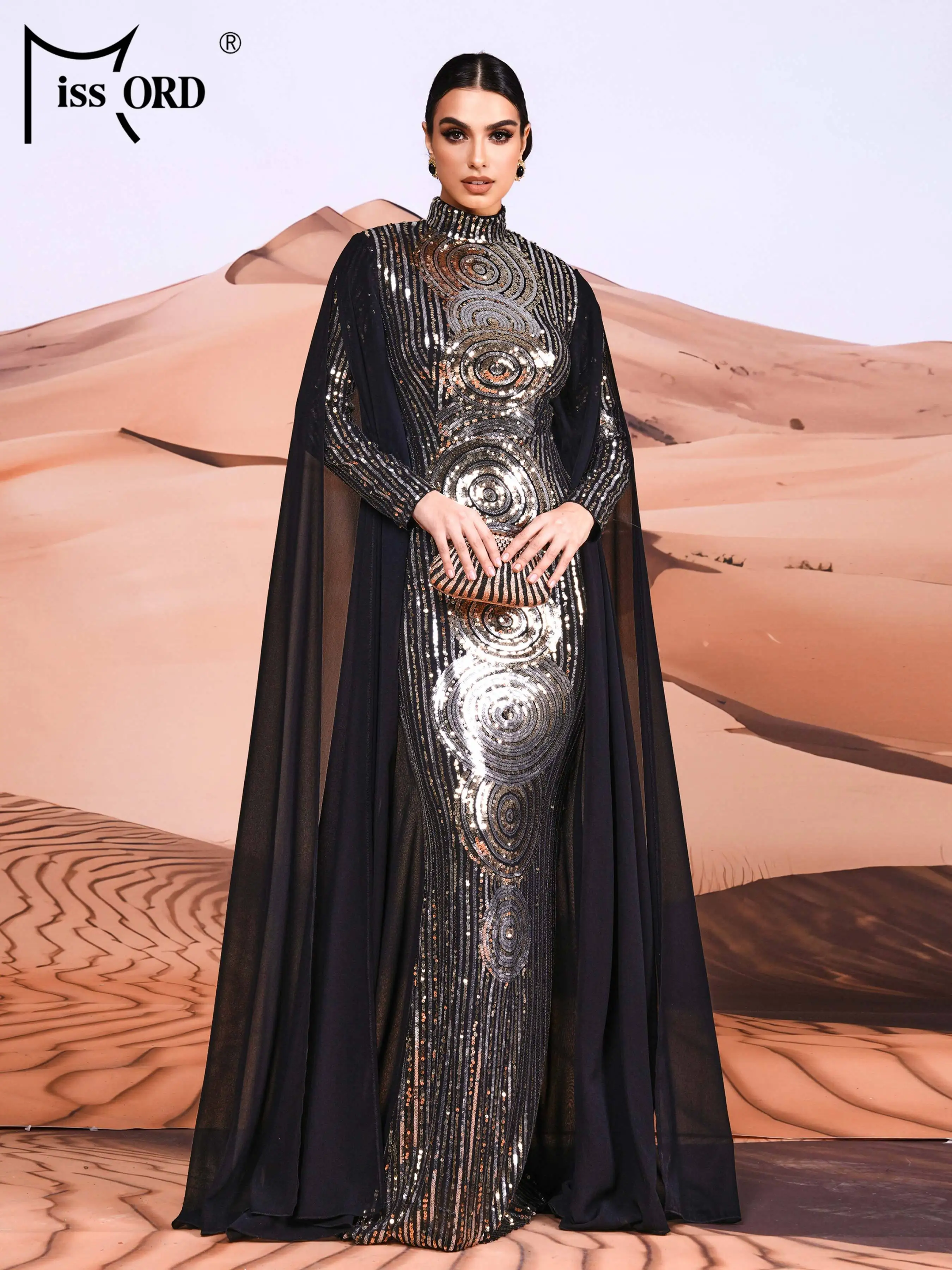 Stand Collar Long Cape Sleeve Maxi Sequin Hijab Arabic Istanbul Moroccan Turkish Dubai Muslim Modest Evening Dresses for Women