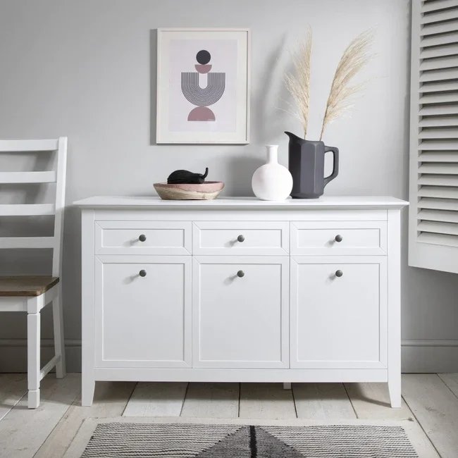 Modern Vintage OAK Wood Credenza Cabinet With Drawers In Classic White Kitchen Sideboard With Hutch
