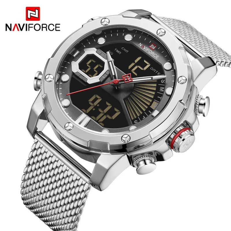 Мужские спортивные часы NAVIFORCE 9172 роскошные золотистые кварцевые Стальные водонепроницаемые цифровые наручные мужские