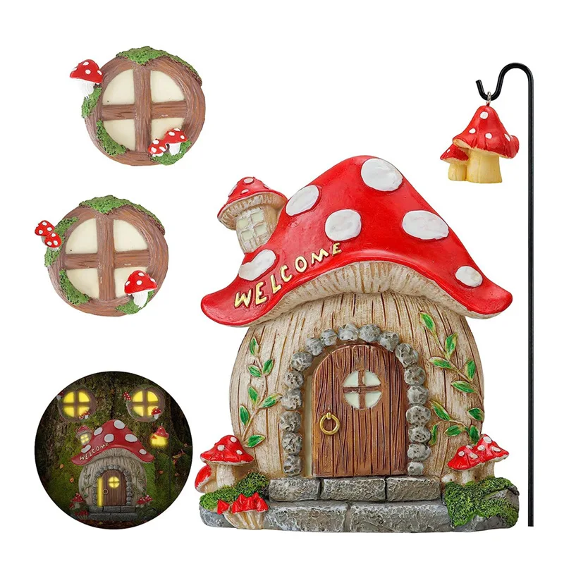 Mini Gnome Fairy Garden Outdoor Decor Accessories Glow Mushroom Room for Wall and Trees Outdoor Window and Door for Trees