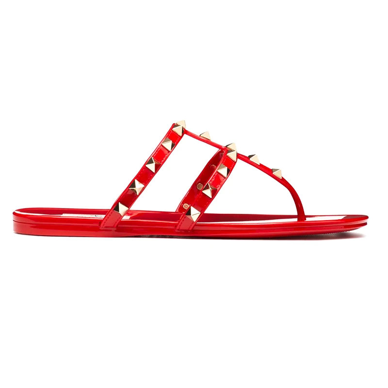 Luxury Ladies Rivet Two Belt Flat Flip Flop Sandal Hot Brand Name Outdoor Casual Jelly Shoes women Plastic Shoes Slipper