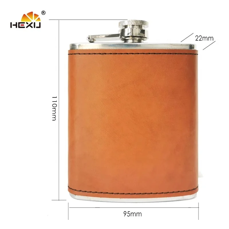 
wholesale hennessy stainless steel 6oz Custom Engraved Brown Leather Hip Flask 