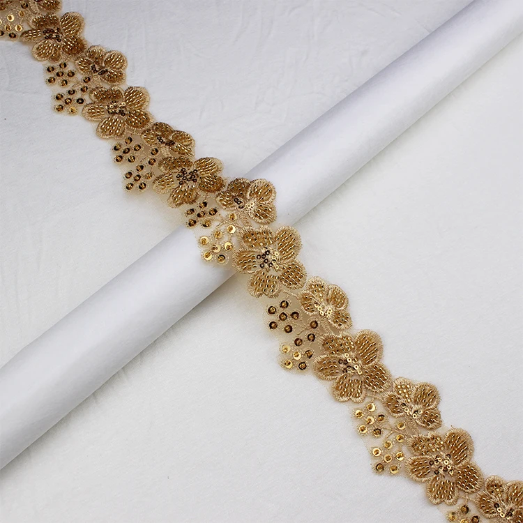 Rhinestone Applique Lace Trimming Border Embroidered Pearl Beaded Sequin Mesh Flower Embroidery Polyester Wedding Lace Trim