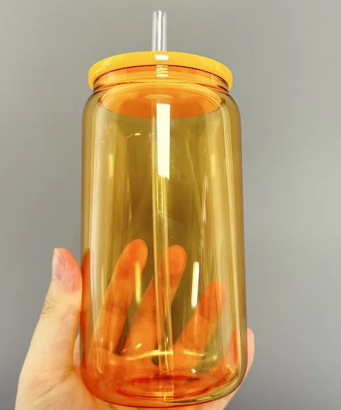 550ml Candy Colored Glass Mugs with Colored Plastic Lids and Straw - Clear Jelly Beer Glass Can