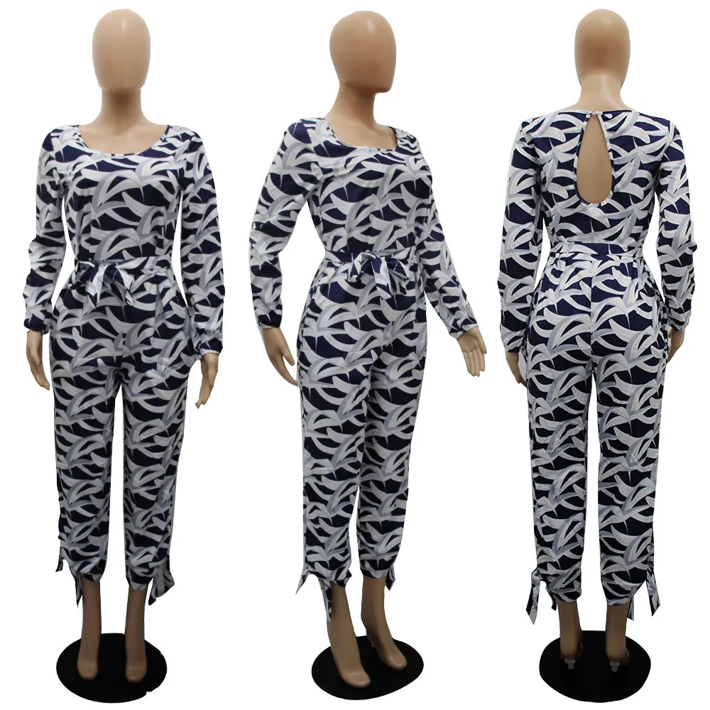 fall 2021 women clothes Long-sleeved Geometric pattern printing casual loose wide-leg one piece jumpsuits women