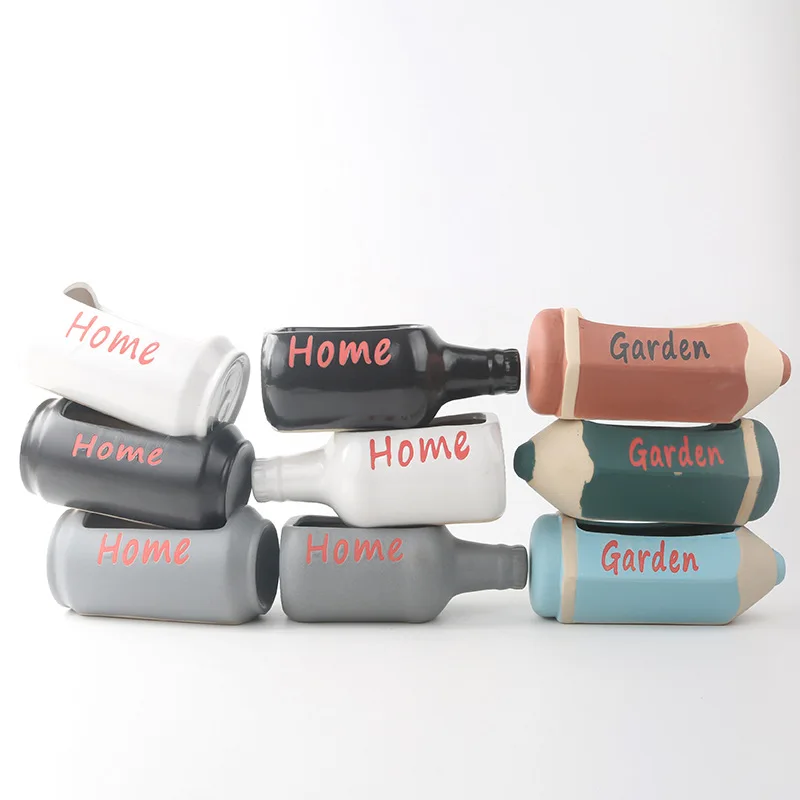 Succulent flowerpot ceramic green plant pots Nordic simple breathable rough pottery bottle pencil coke shape porcelain planter