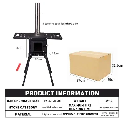 Wholesale Folding Portable Camping Wood Burning Stove Fireproof cooking Tent Stove With Chimney Tube and bag windshield