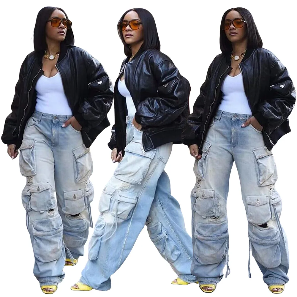 Baggy Denim Multi Pockets High Waist Cargo Jeans Y2k Streetwear Fashion 2023 Women Autumn Clothes Trousers Denim Wide Leg Pants