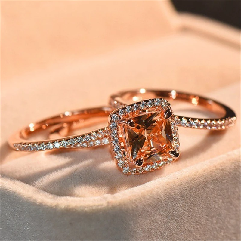 18K Rose Gold Diamond Ring Set for Women three piece Bizuteria Gemstone Anillos wedding Ring with box fine topaz peridot jewelry