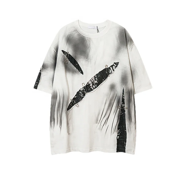 Finch garment high street drop shoulder rip curl t shirt hem cotton fabrics vintage double layer t shirt hip hop