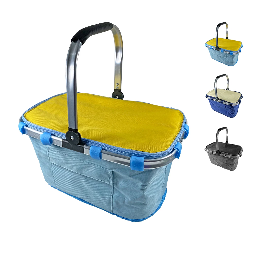 Wholesale fashion supermarket foldable insulated collapsable aluminum cooler thermo storage shopping picnic basket with handle