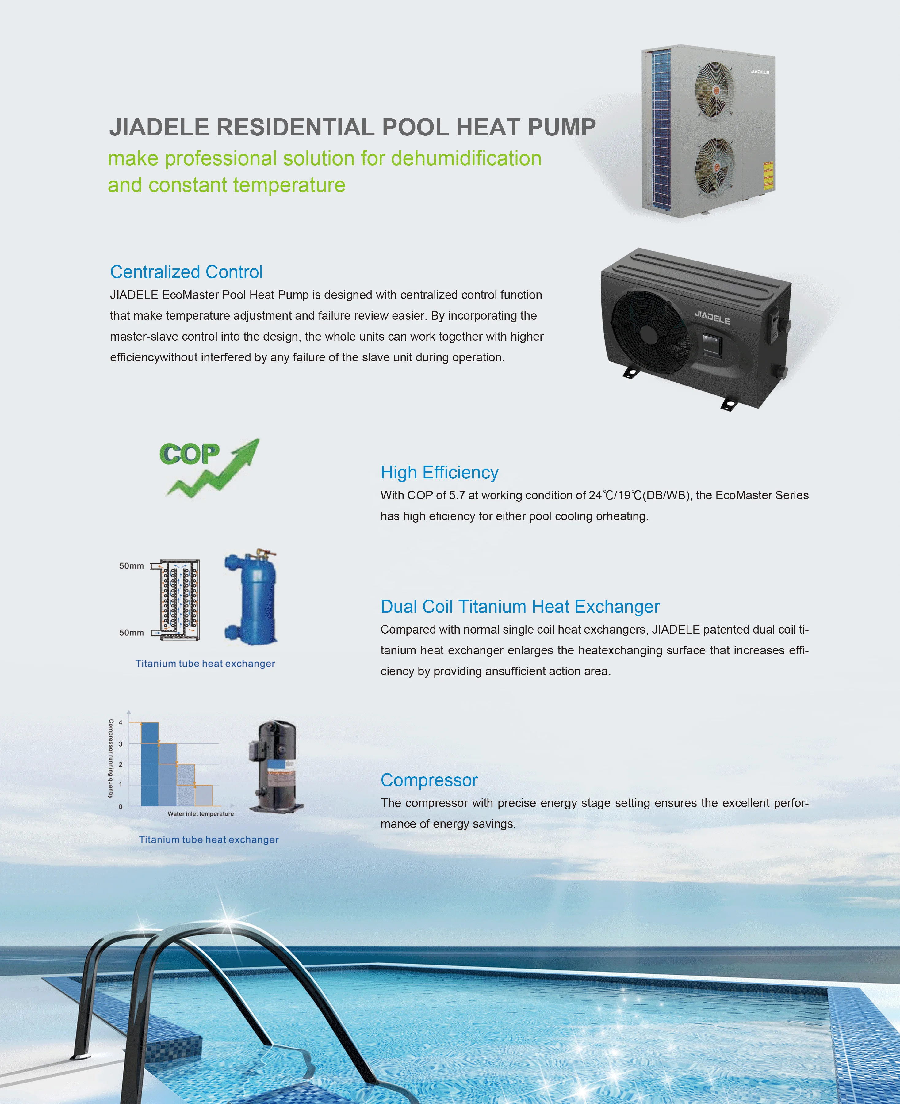 Jiadele hot water system bomba de calor para piscinas heat pump swimming pool water heating  swimming pool  heater chiller pump