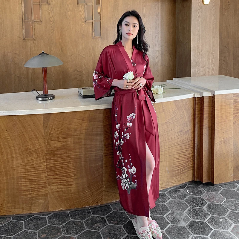 2023 kimono Robe print  pajamas Belted Luxury long sleeve nightwear set gown sexy women 100% silk Satin Robe
