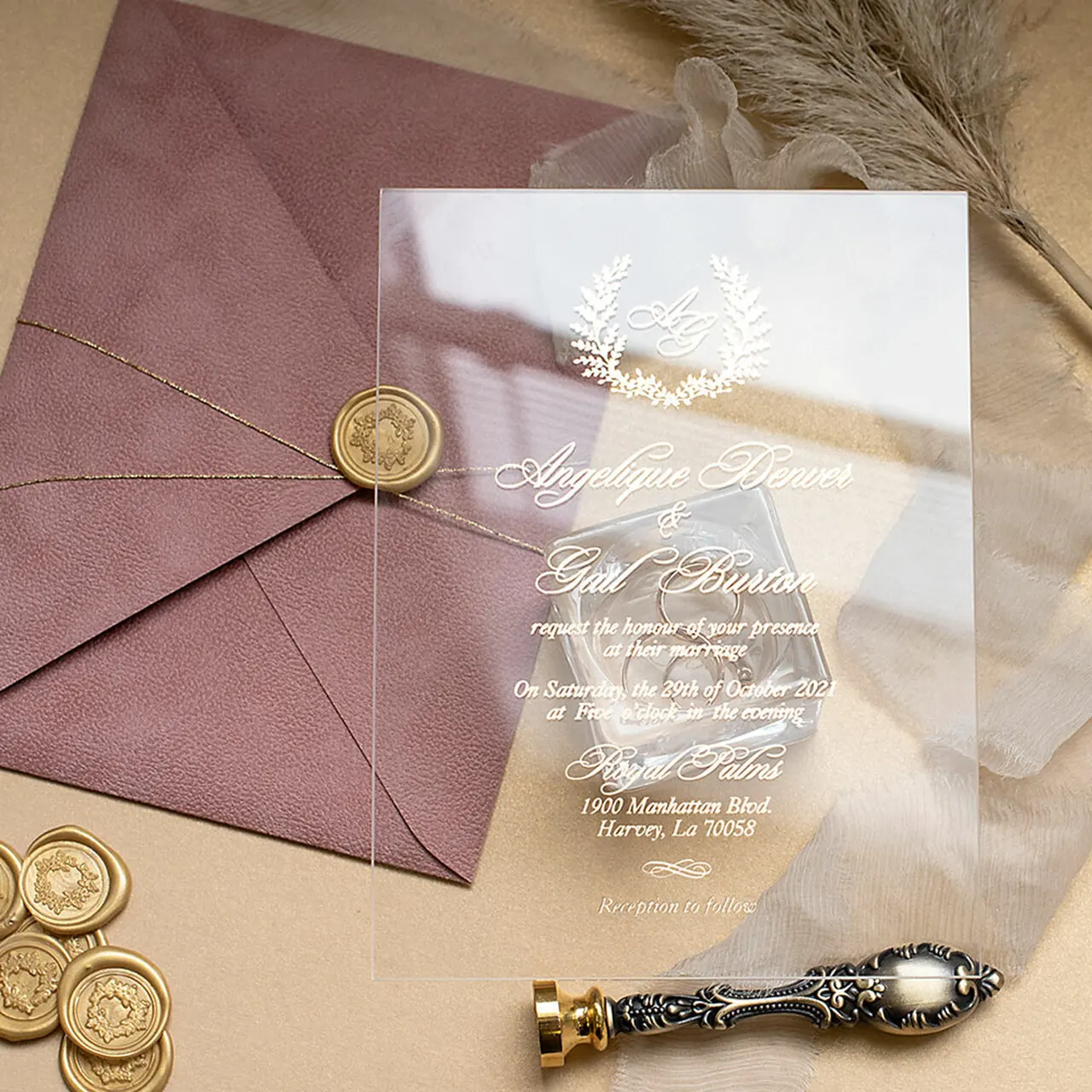 Clear Acrylic wedding Invitation Cards Plastic Glass Gold Foil Embossing Acrylic Wedding And Reception Invitations Cards