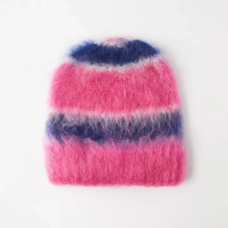 YT  Custom Jacquard Logo Knit Winter Color Block Stripe Fluffy Beanie Warm Fuzzy Knit Mohair Beanie Winter Hat