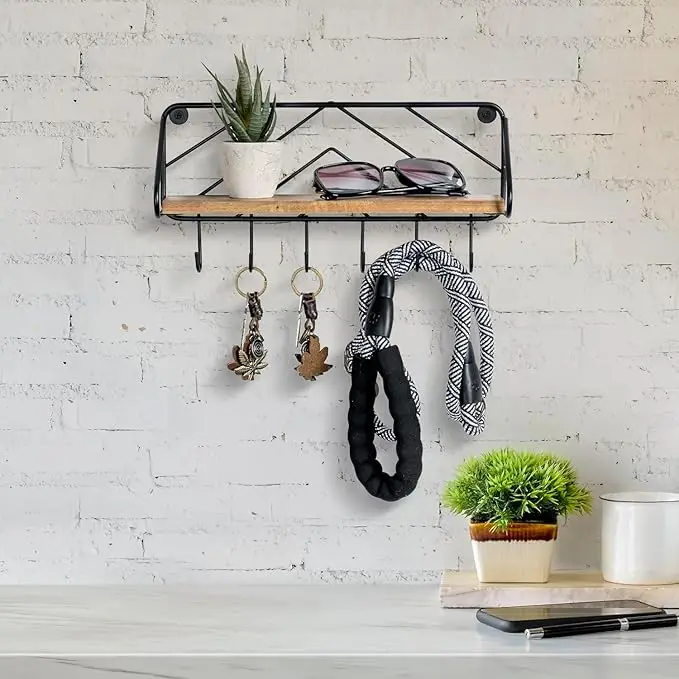 Premium Solid Acacia Wood Entryway Key Rack Holder and Display Shelf with Decorative Matte Black Metal Wire Chevron Design