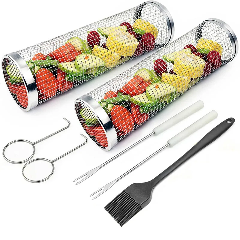 2023 New Stainless Steel 304 BBQ Rolling Grill Basket Wire Mesh Net Tube 12 inch Greatest Grilling Basket Ever