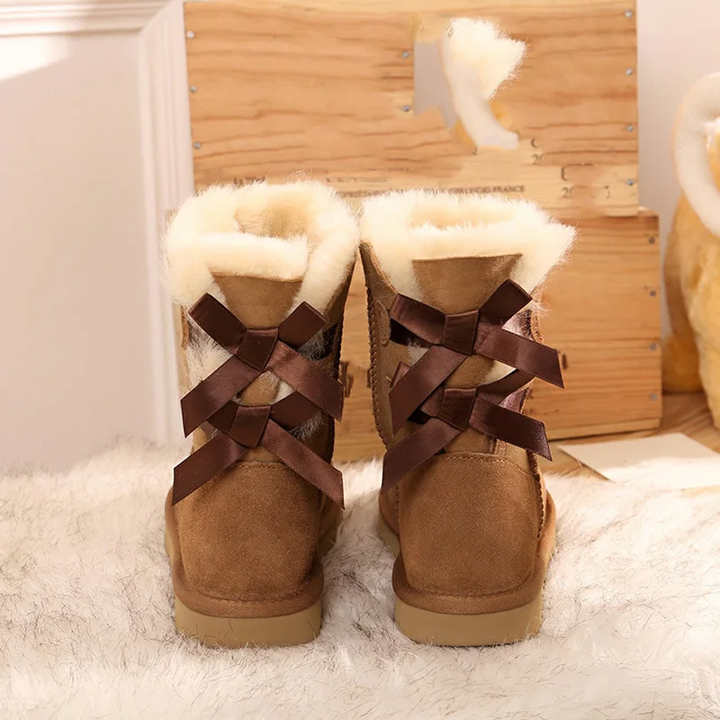 Wholesale Casual Waterproof Bowknot Fur Soft Genuine Leather Custom Platform Shoes Double Bow Snow Ladies Winter Boots for women