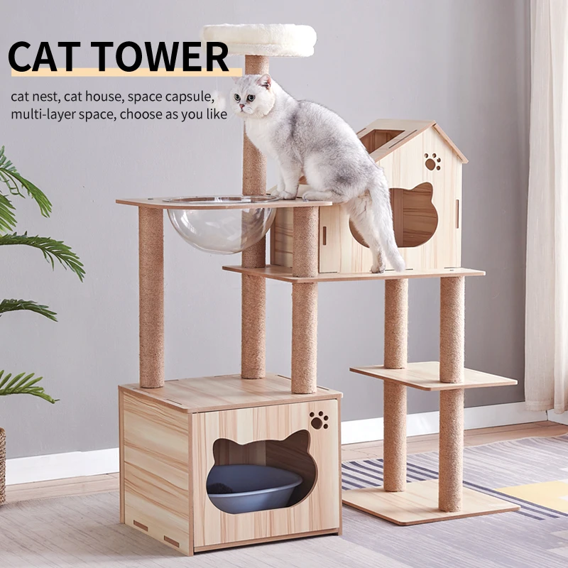 Wooden cats condo indoor pet furniture tower sisal rope scratching posts cat litter cabinet cat tree for large big catss