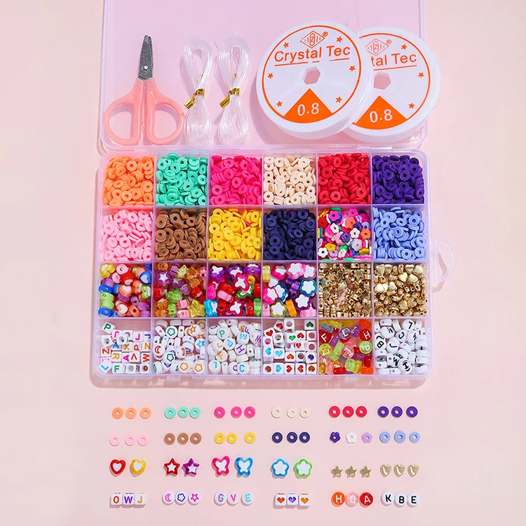 24 Grid Colorful Flat Round Polymer Clay Spacer Beads Kit with Pearl for DIY Jewelry Making Kids