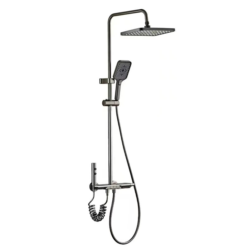 Bathroom Full Copper Shower Head Set with 5-Color Ambient Light Bath Booster Spray Thermostat Shower System