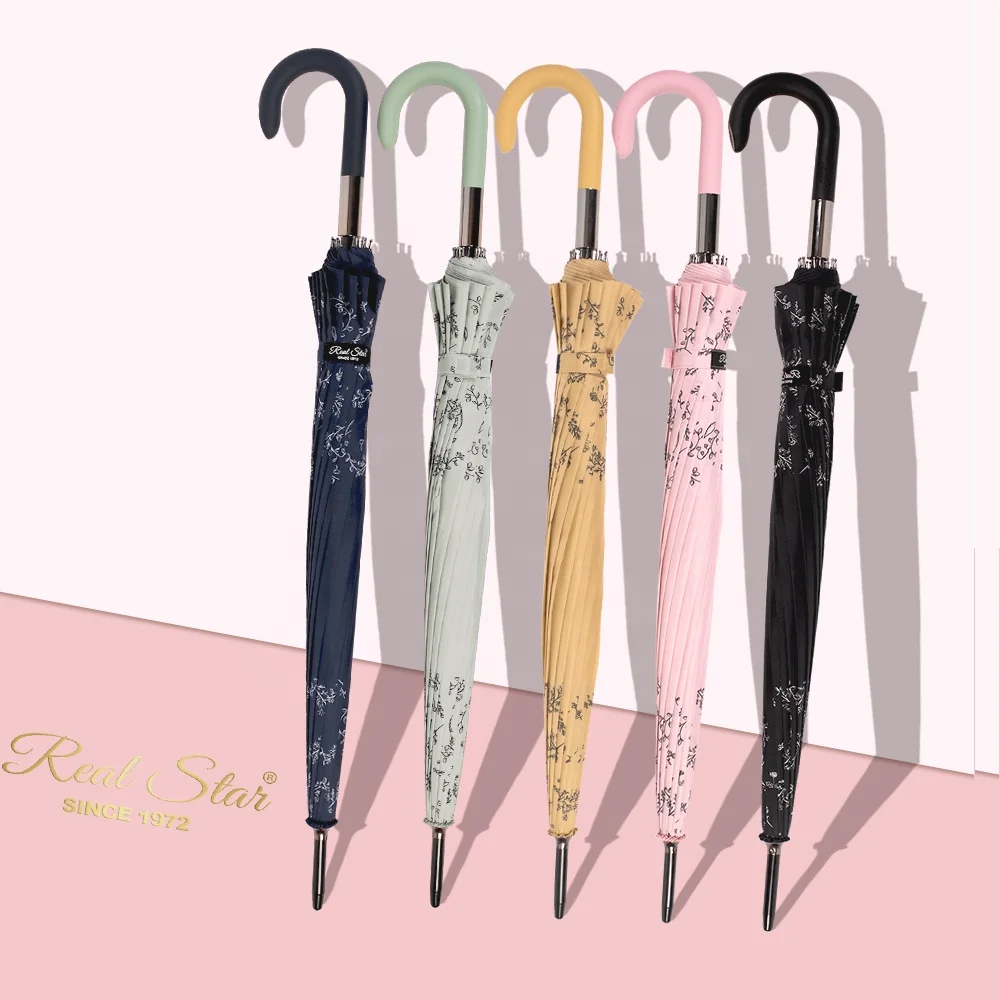 RST new printing long straight woman rain umbrella updated handle 16 ribs windproof umbrella