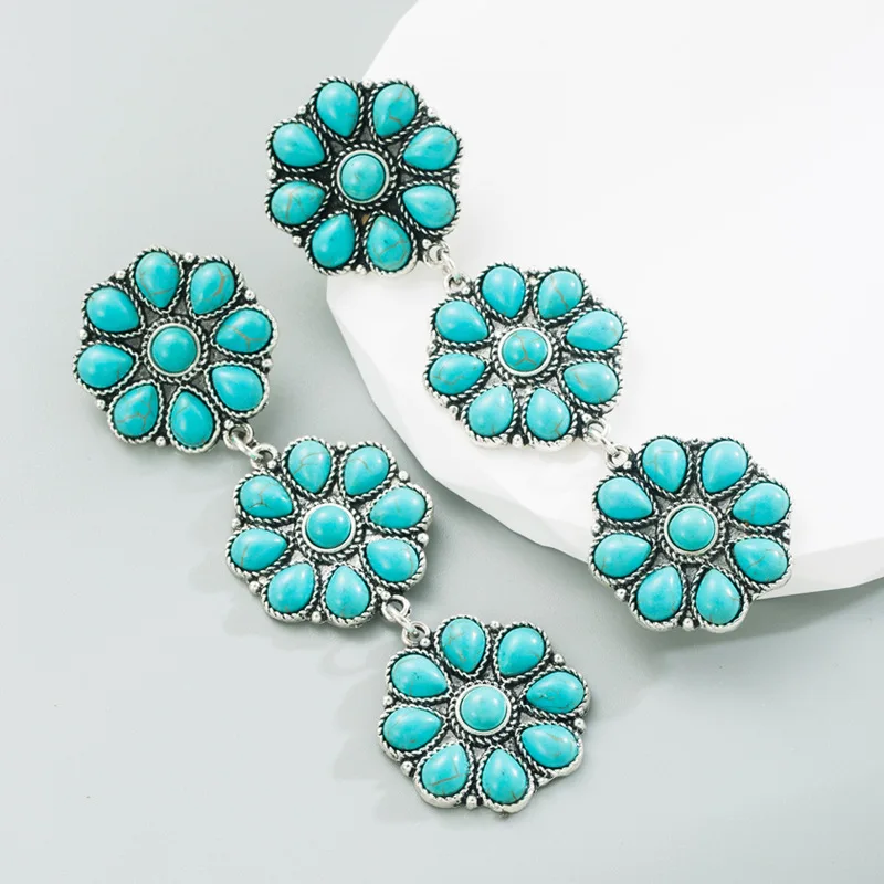2024 Newest Hot Sell Bohemian Western Vintage Turquoise Cluster Drop Earrings