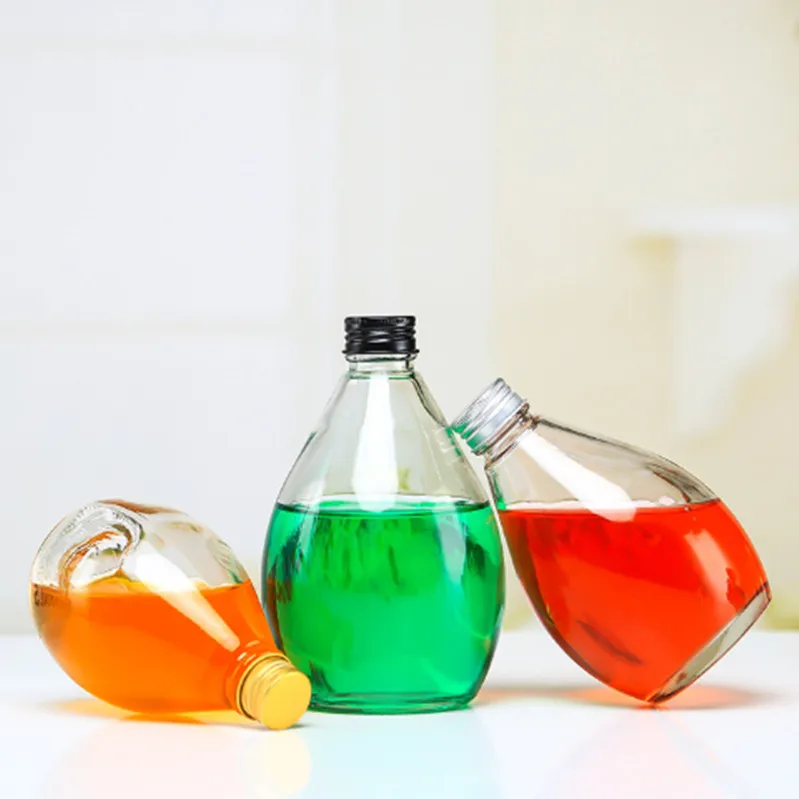 High quality 350ml water drop shape glass bottle for fruit wine/milk tea/coffee/juice with screw cap