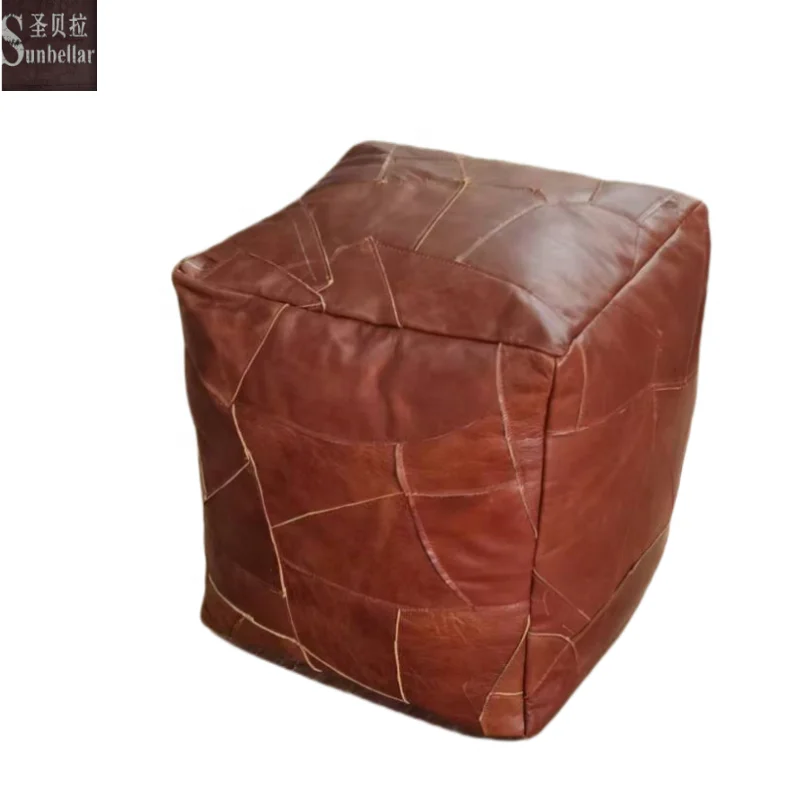 wholesale square shape leather bean bag pouf handmade foot stool ottoman genuine leather seating ottoman and pouf