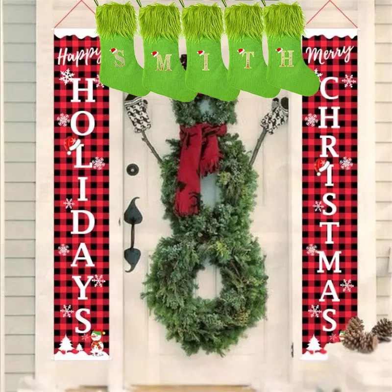 2024 Most popular Christmas decorations Xmas pendant gift bag A-Z family name initial embroidered knit green Christmas stockings