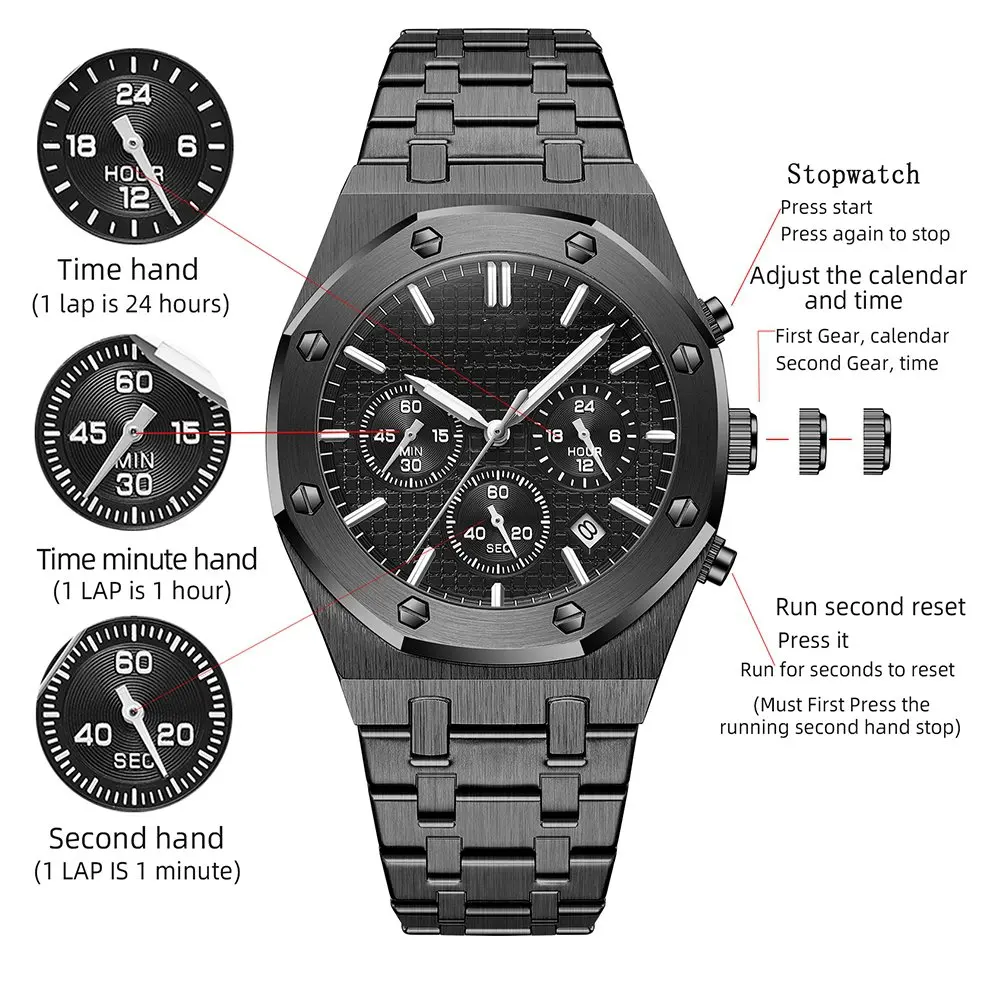 Fashion Business Mens Watches Top Quartz Watch Men Stainless Steel Waterproof Wristwatch