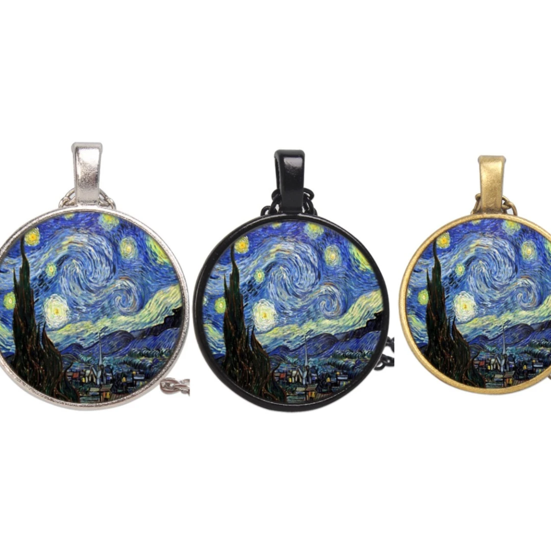 Van Gogh Starry Night Magical Forest Glass Necklace Unisex Jewelry for Wedding & Anniversary Accessories for Men and Women