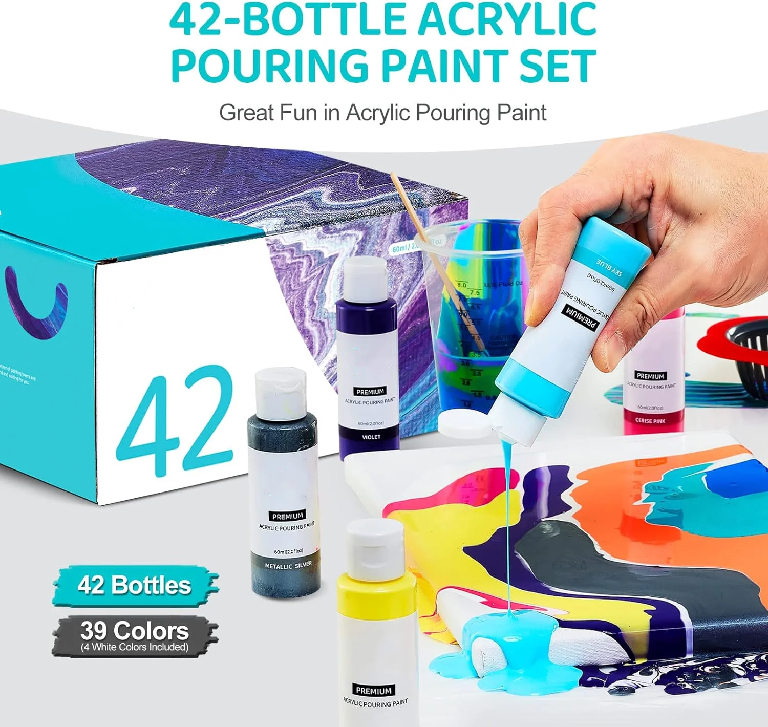 Acrylic Pouring Paint Set (60ml/2oz each) High Flow No Mixing Needed Assorted Colors for Pouring on Canvas Glass Wood DIY