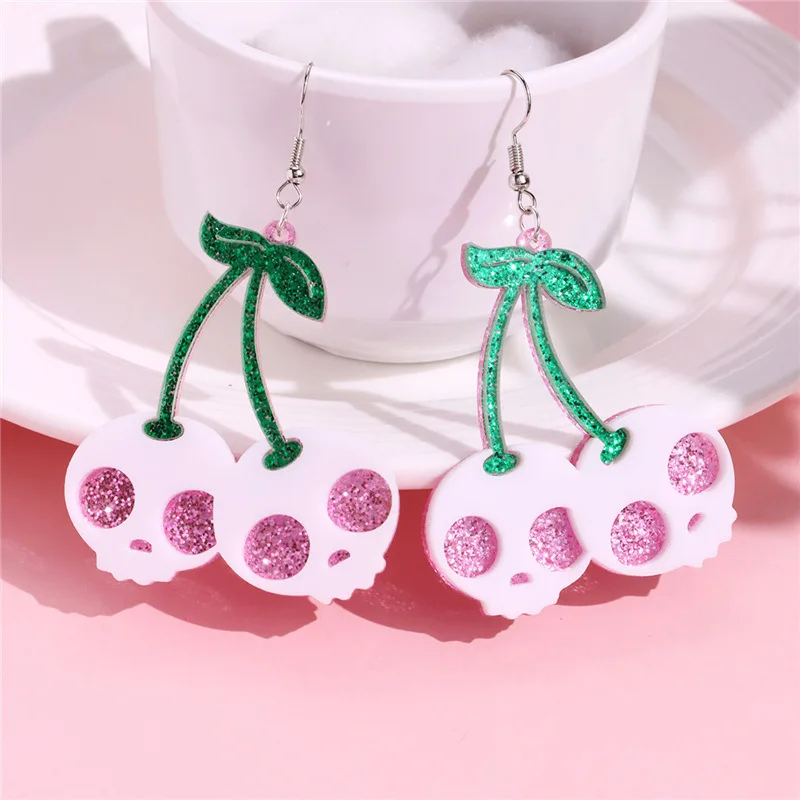 Fashion Creative Colored Cherry Pendant Statement Earrings Horror Jewelry Cute Acrylic Halloween Bling Pumpkin Skull Earring